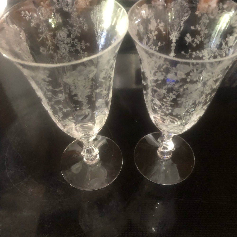 Two Rose Point Footed Tumbler/Ice Tea Glasses 7 1/2”